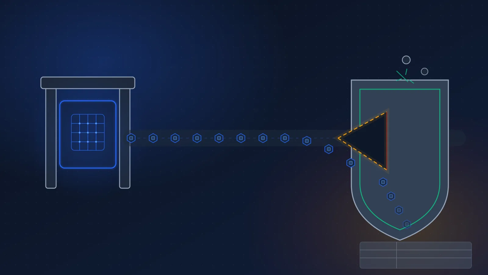 Editorial illustration: a verification gate feeds a stream of face-scan tokens toward an insurance policy shield, but a wedge-shaped exclusion has been cut out of the shield and the tokens pass straight through the gap onto the balance sheet below. Abstract, no faces, no text.