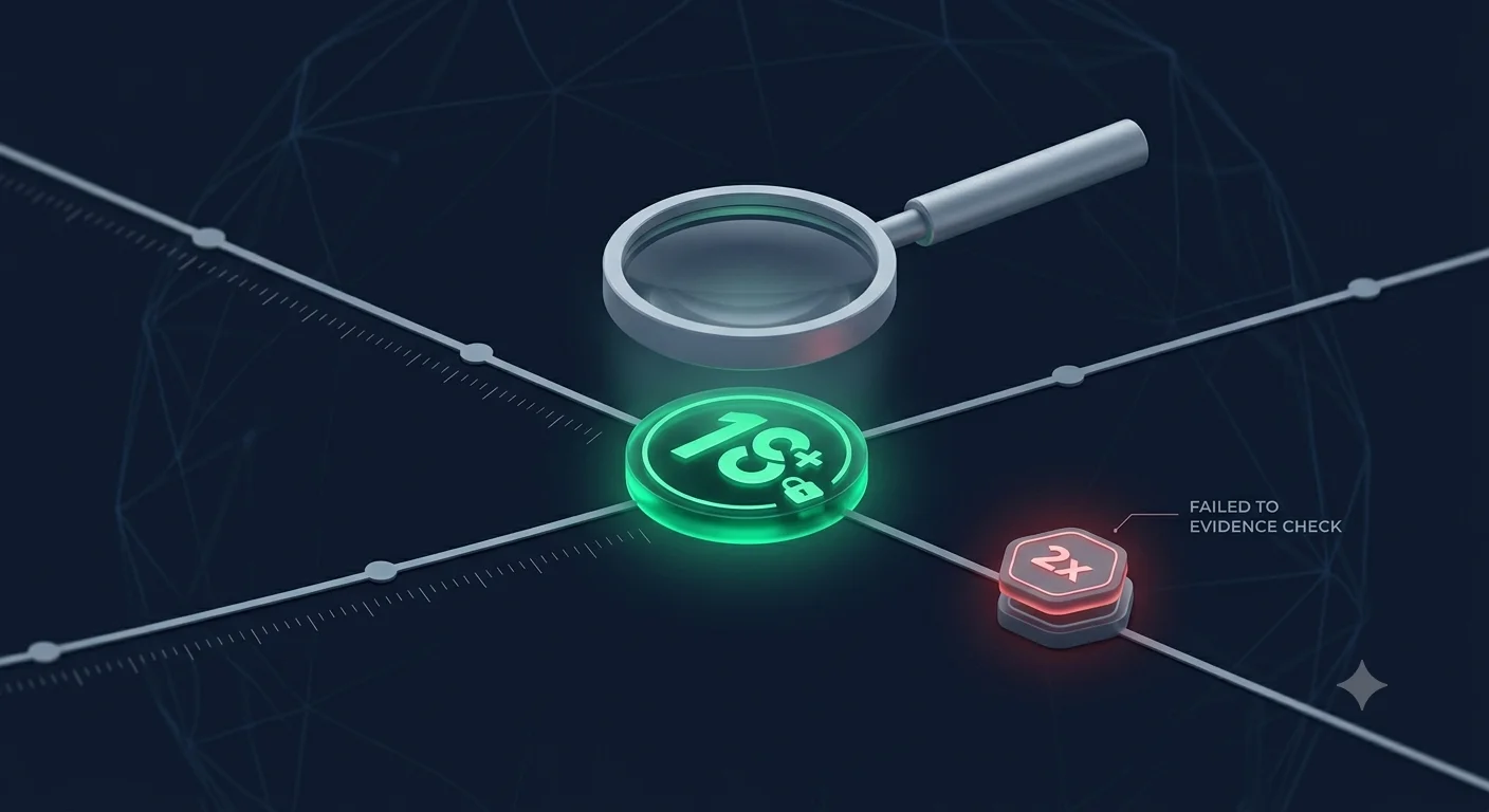 An abstract age-credential token being examined under a magnifying glass against an audit-log timeline, illustrating that age assurance is now judged on the evidence trail it can produce for a regulator, not just on whether a gate exists