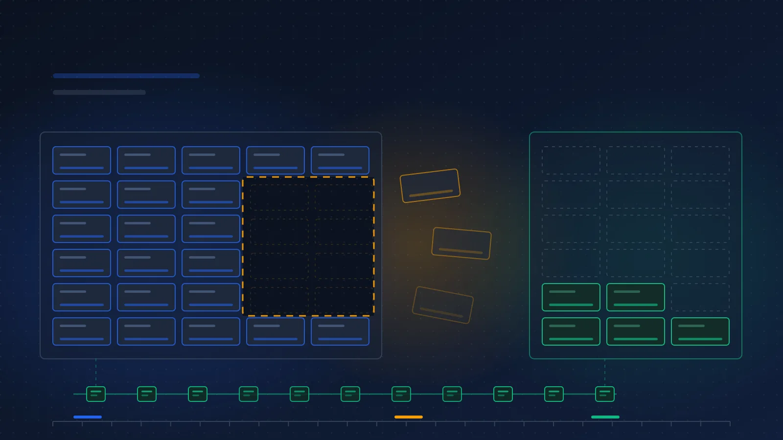 Editorial illustration on a deep slate-navy background: a full wall of blue archive drawers with a rectangular block cut out of it, outlined in dashed amber, and three drawers drifting away into empty space. To the right, a second, mostly empty wall outlined in green. A thin green thread of small tokens runs unbroken along the bottom beneath both walls and the gap. Abstract, geometric, no people, no readable text.