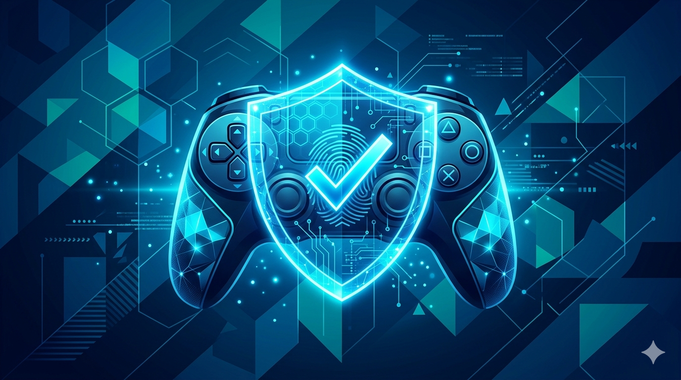 Gaming controller with a digital identity verification overlay representing age checks on Xbox, PlayStation, and Steam under the UK Online Safety Act
