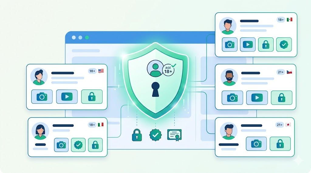 Creator economy subscription platform with age verification compliance dashboard showing creator and subscriber verification flows