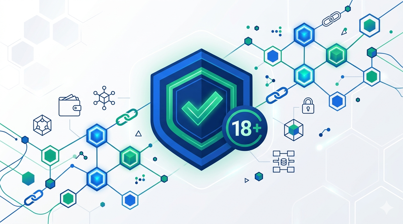 Crypto exchange onboarding interface showing age verification step with blockchain elements