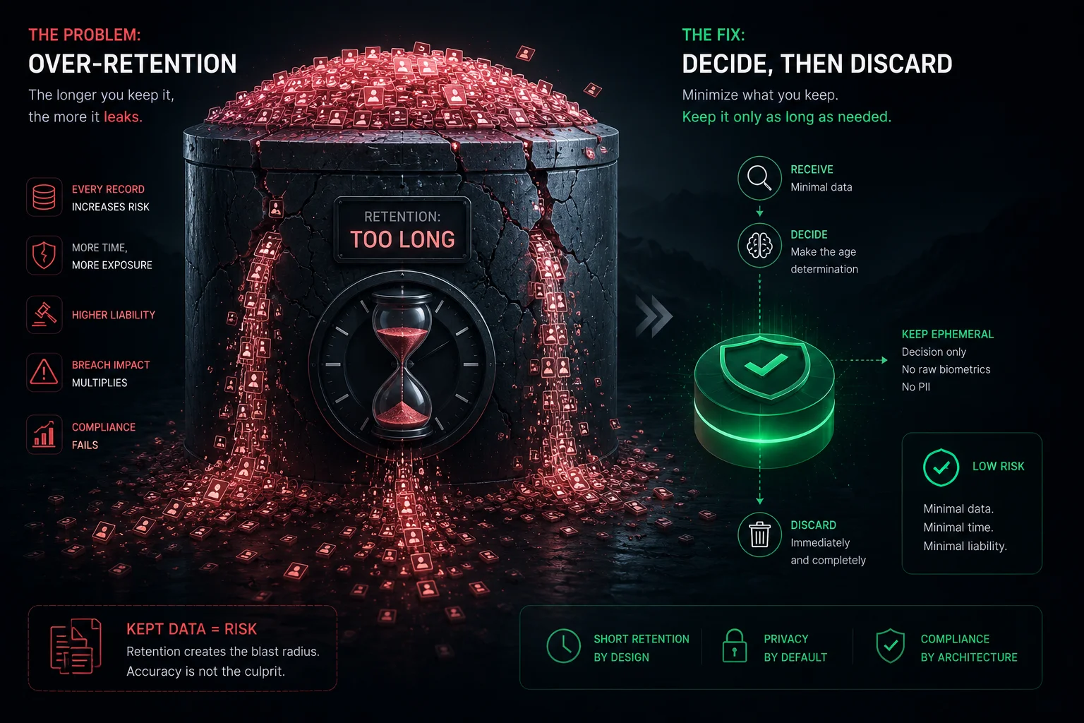 An abstract vault of stacked identity-document cards dissolving into loose particles as it drains away, with a single small check mark kept behind, over a dark slate background with blue and emerald glows