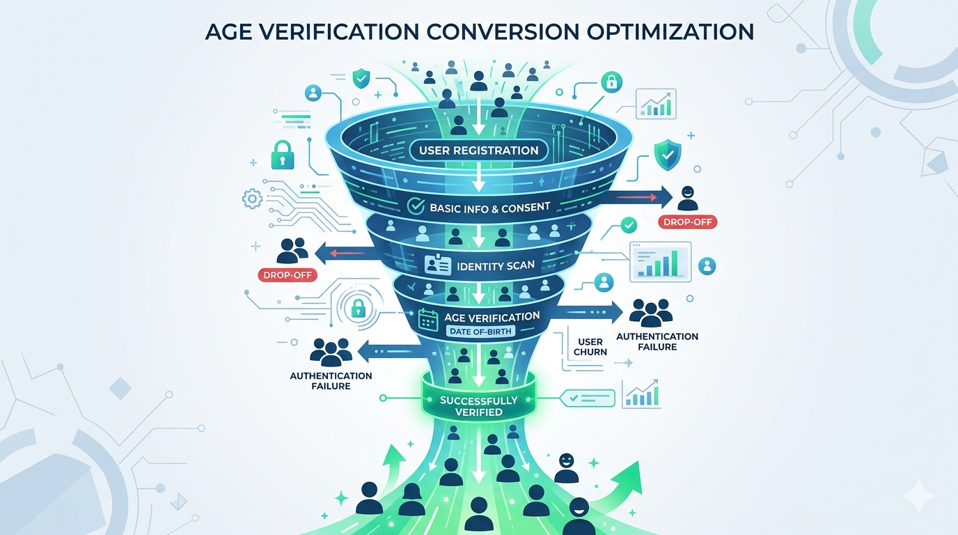 A funnel visualization showing users entering an age verification flow with optimization points highlighted at each step