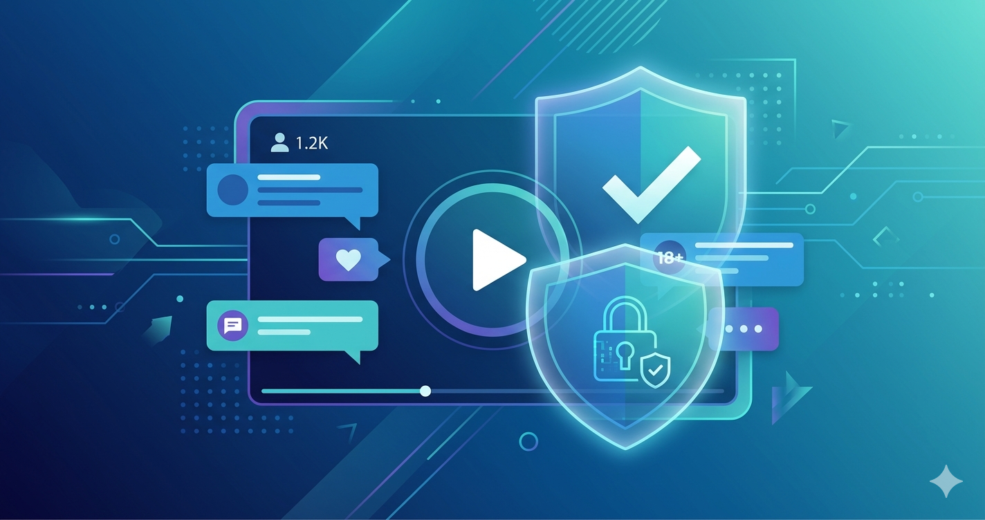 Abstract illustration of a live streaming interface with an age verification shield overlay, representing compliance requirements for streaming platforms