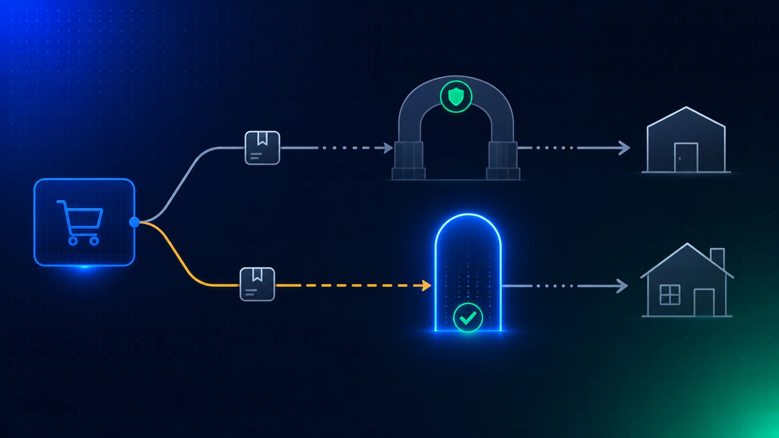 Editorial illustration on a deep slate-navy background: two parcel paths leave an online storefront, one routed through a licensed-dealer checkpoint and one shipping directly to a home, with a verification gate placed on the direct path where no checkpoint exists. Abstract, no faces, no weapons, no logos.