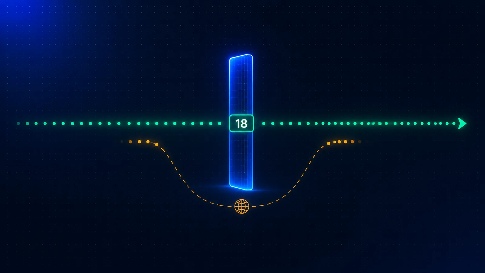 Editorial illustration on a deep slate-navy background: a stream of user dots approaches an age-check gate; most flow straight through a wide low-friction lane, while a thin band peels off sideways through a dashed 'VPN' detour that loops around the gate — an abstract diagram of circumvention routing, no faces, no logos, elevated to editorial art.