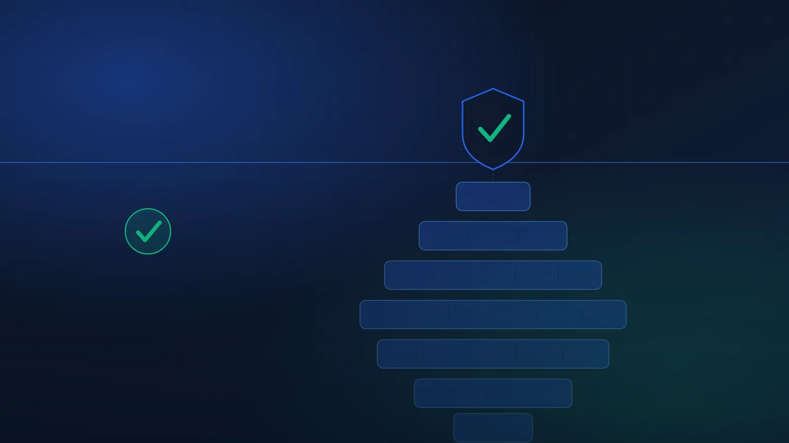 Editorial illustration on a deep slate-navy background: a small visible age-check gate icon sits on a thin horizontal surface line, and directly beneath it a translucent iceberg of blue and slate blocks descends into the dark, each block labeled by a faint glyph for accuracy, liveness, a rules engine, retention, and uptime. A soft emerald checkmark token floats to one side. No faces, no logos, no text baked in: a premium enterprise editorial diagram about the hidden depth below a simple gate.