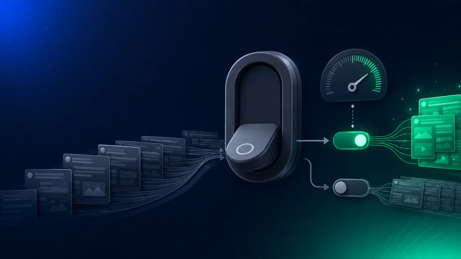 Editorial illustration of an algorithmic social feed rendered as a toggle switch set to OFF over a deep slate-navy background, with an age-assurance confidence dial beside it; adults clear the threshold and the feed switches on to emerald, while unresolved users default to a calm chronological safe experience — no faces, no children, no platform logos