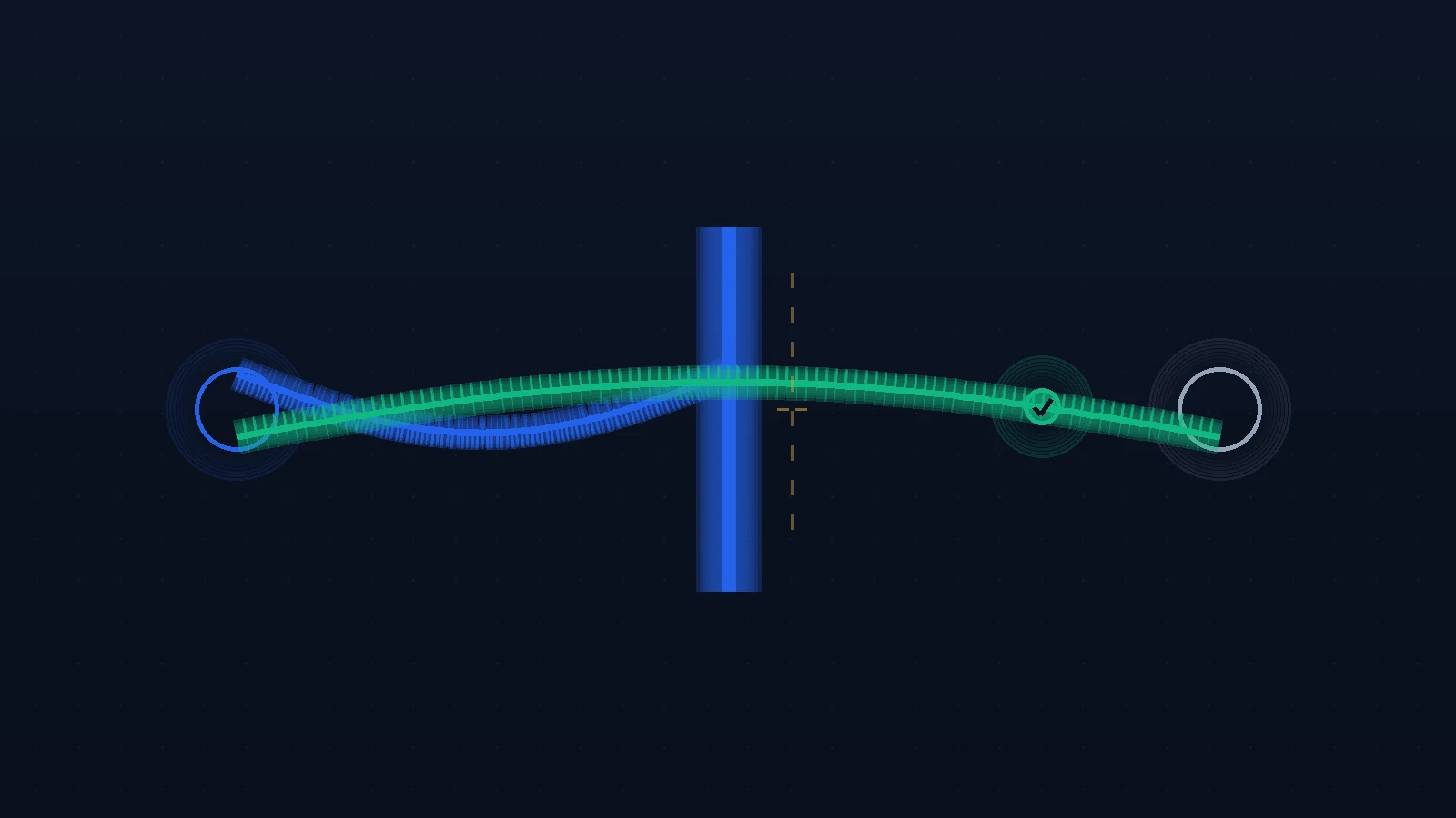 Editorial illustration on a deep slate-navy background: a user node on the left and a website node on the right, separated by a vertical verification gate in the centre. Two curved channels pass through the gate but never touch — an emerald 'age' channel carrying a single over-18 token to the site, and a blue 'identity' channel that terminates at the gate and never reaches the site. A faint dotted line showing where a leak would cross the two channels is drawn broken. Abstract, no faces, no real people, no brand marks, no readable text.