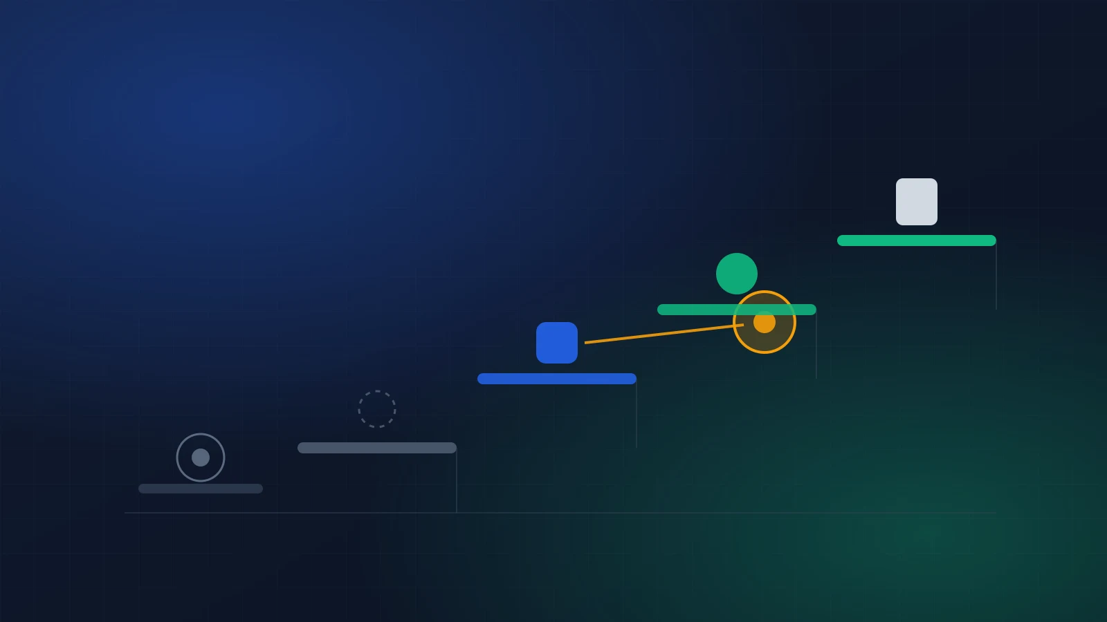 Editorial illustration on a deep slate-navy background: a staircase of four ascending platforms, each holding a differently shaped account token. The second platform's token is tethered by a thin line to a separate larger token standing beside the staircase. A narrow side ledge below the first step holds a token that sits inside the larger one rather than beside it. Abstract geometric shapes, no faces, no people, no readable text.