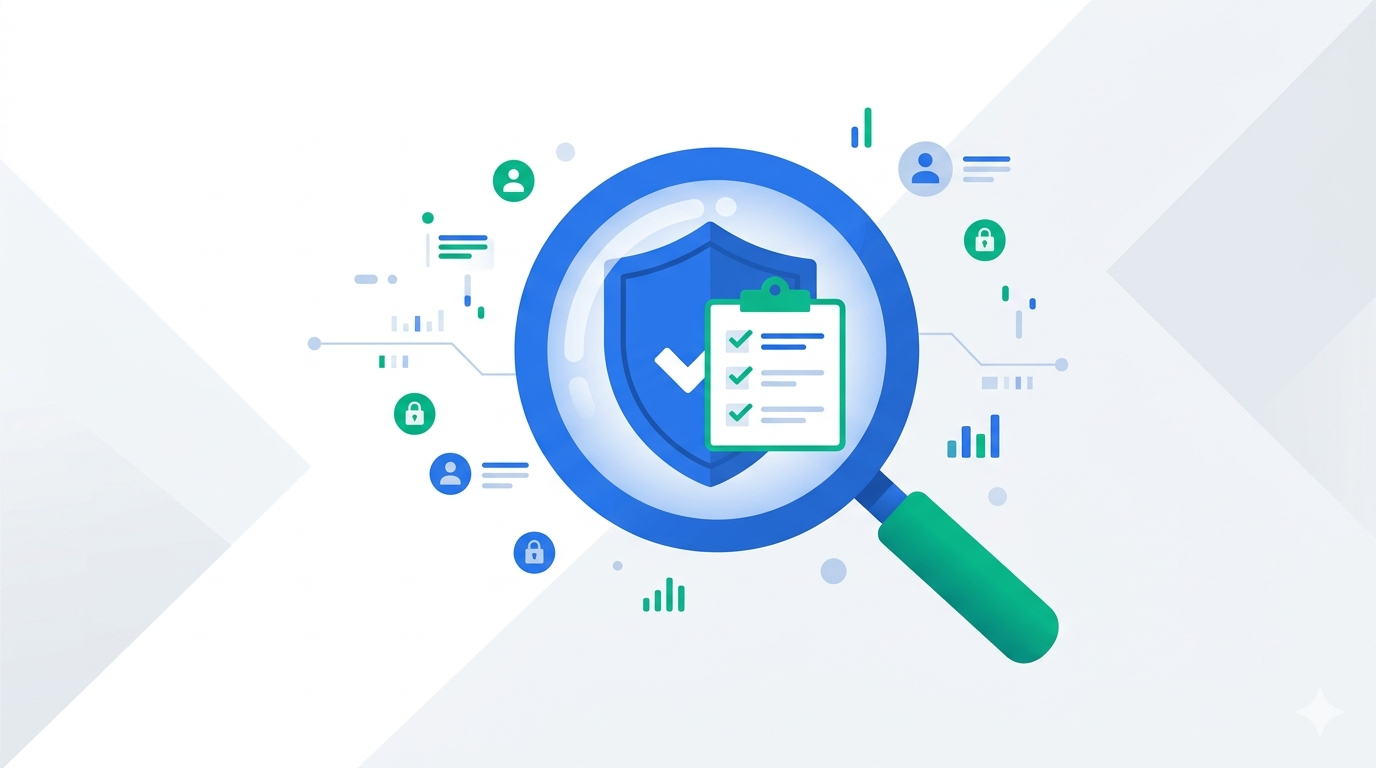 A magnifying glass inspecting a digital shield with a checklist overlay, representing security-first age verification vendor evaluation