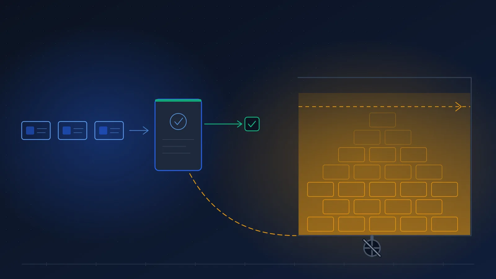 Editorial illustration on a deep slate-navy background: a narrow stream of abstract document cards enters a processing gate on the left, and instead of draining away, the cards pile up into a large reservoir behind it. A small drain valve sits unopened at the base of the pile. Abstract, no faces, no readable text.
