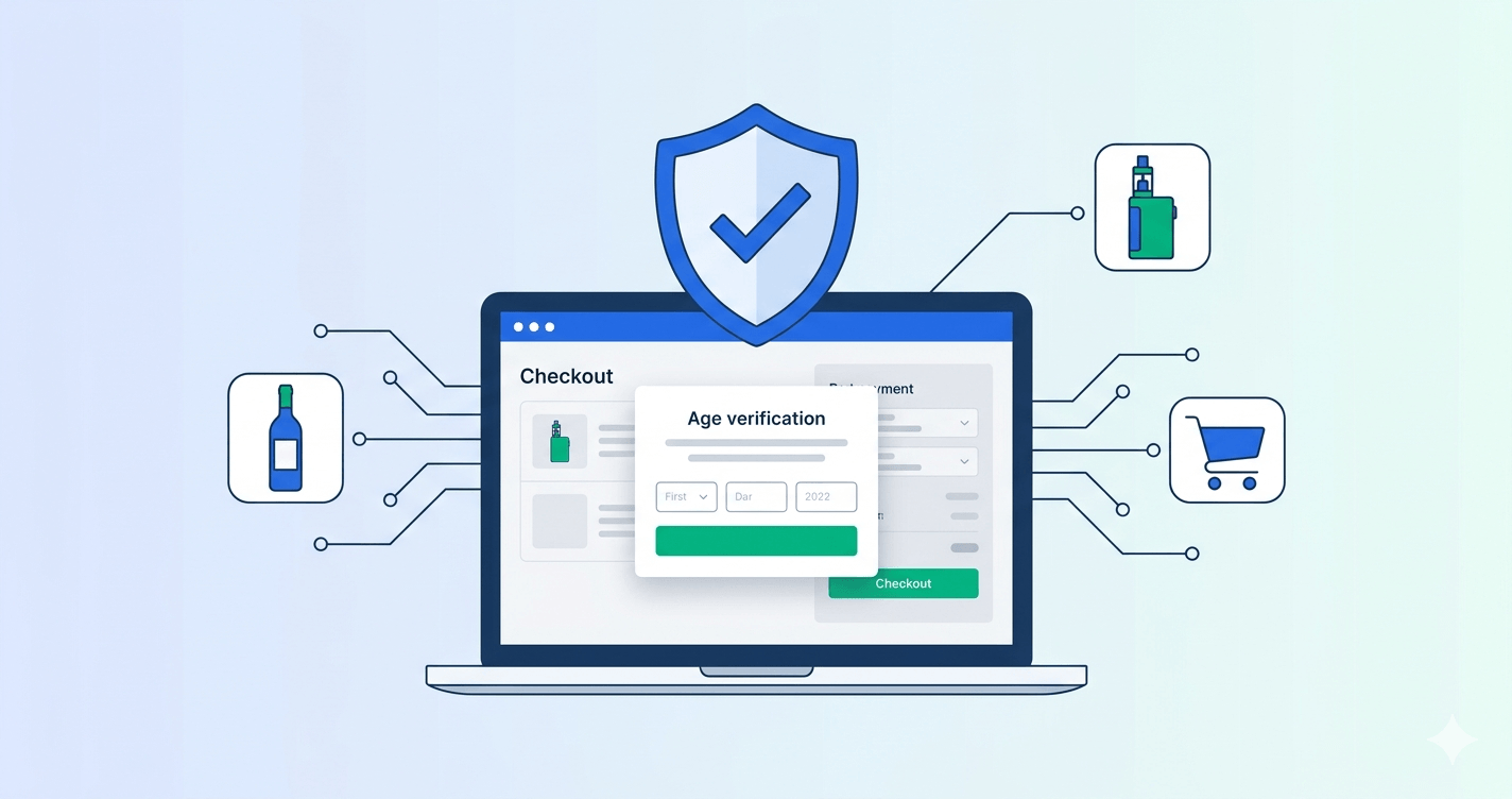 E-commerce checkout screen with age verification overlay for age-restricted products