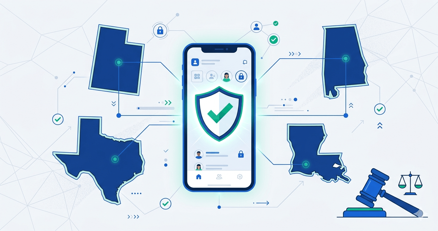 Mobile phone displaying age verification prompt with app store icons and a legislative gavel