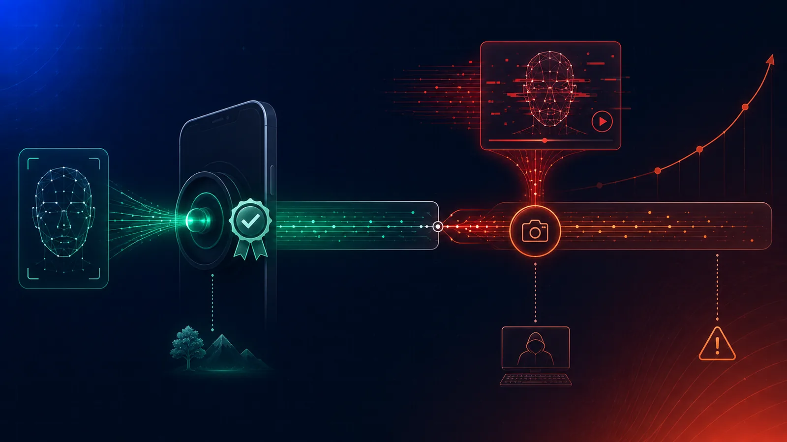 A split-screen editorial illustration of biometric age assurance under attack: on the left a real person facing a phone camera stamped with an iBeta PAD certificate, on the right a deepfake video stream injected past the camera through a virtual-camera pipe, with a certification badge that stops at the lens and a rising injection-attack curve behind it