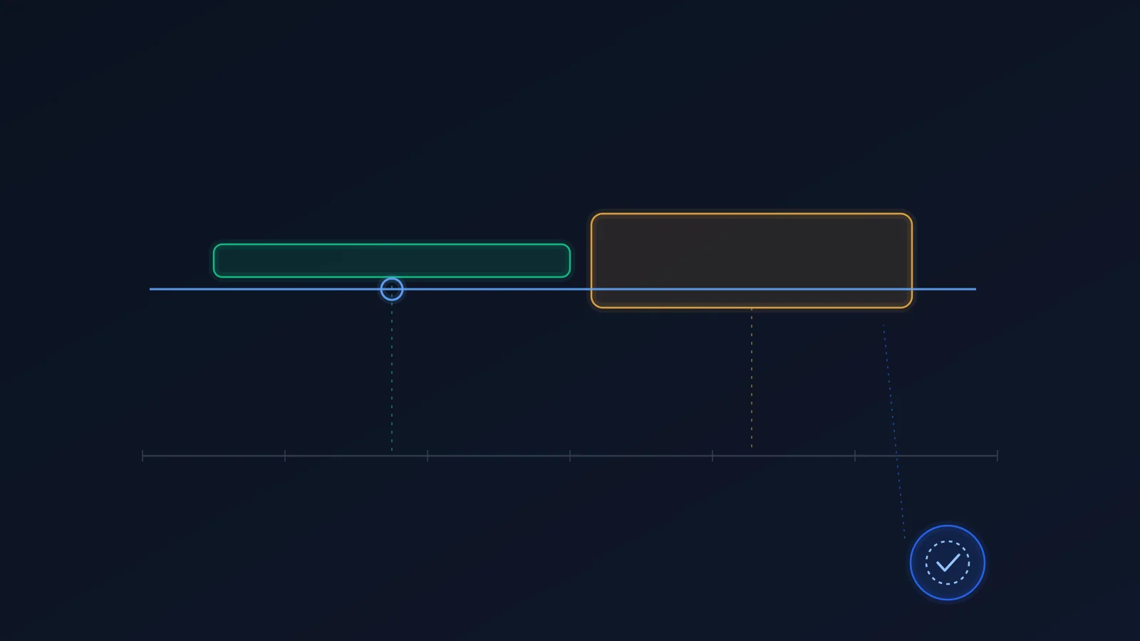 Editorial illustration on a deep slate-navy background: a horizontal age axis runs left to right with two error-tolerance bands stacked above it, a narrow emerald band over the younger segment and a wider amber band over the segment nearest the adult threshold. A single global cut line crosses both bands and clearly fails the narrow one. An audit seal glyph sits to the side, connected by a thin line to the bands. Abstract, no faces, no children, no brand marks, no readable text.