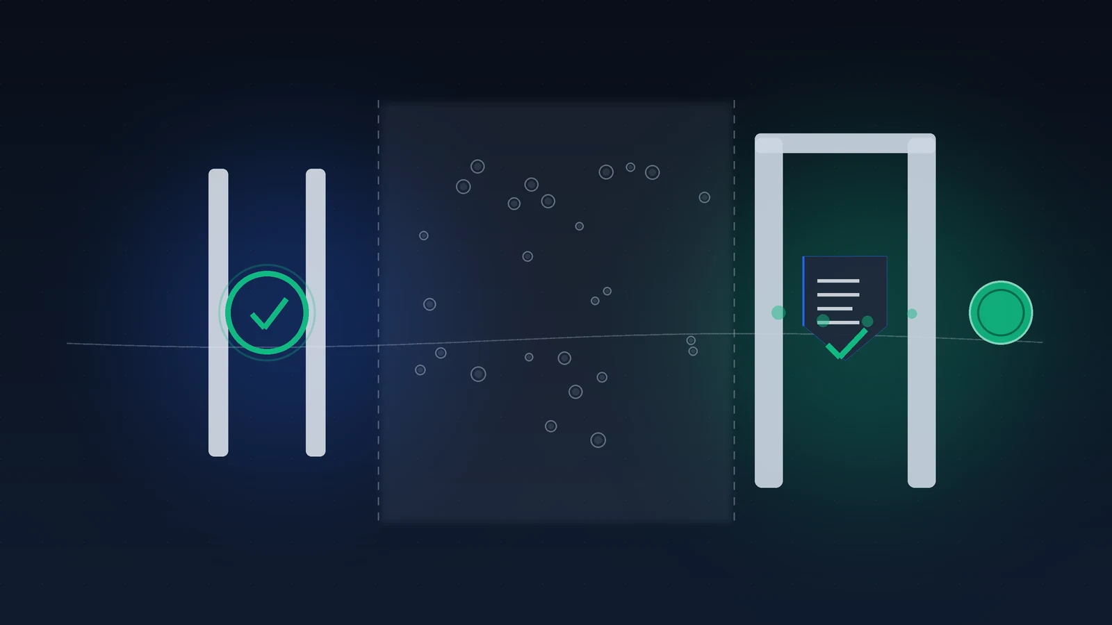Editorial illustration on a deep slate-navy background: a player's entry path into a stylized casino floor passes through two gates — a light, fast gate at the entrance marked with an emerald age ring, and a heavier document-and-shield gate placed further in where a stack of tokens turns into a redeemable coin. Between the two gates a shaded 'delay window' is shown where unchecked value quietly accumulates. Abstract, no faces, no brand marks, no real currency.